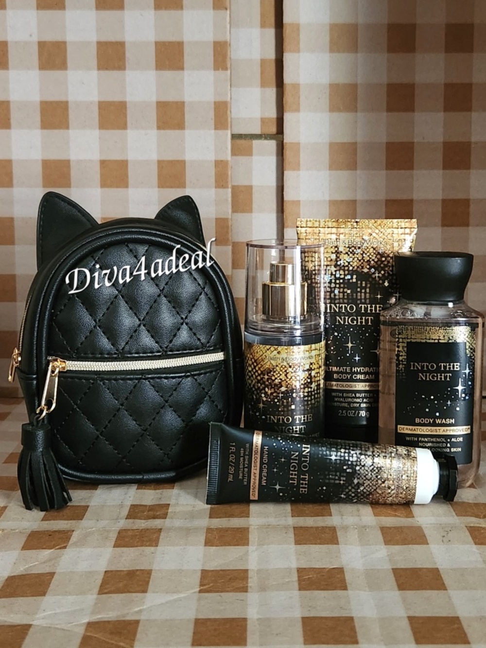 Bath & Body Works INTO THE NIGHT 5PC Set w/Mini Cat Bag Keychain Bundle